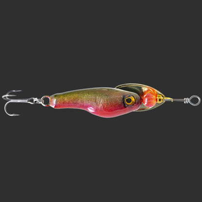 Handcrafted spinner lure in Red-Green colorshift color by Muotka Lures