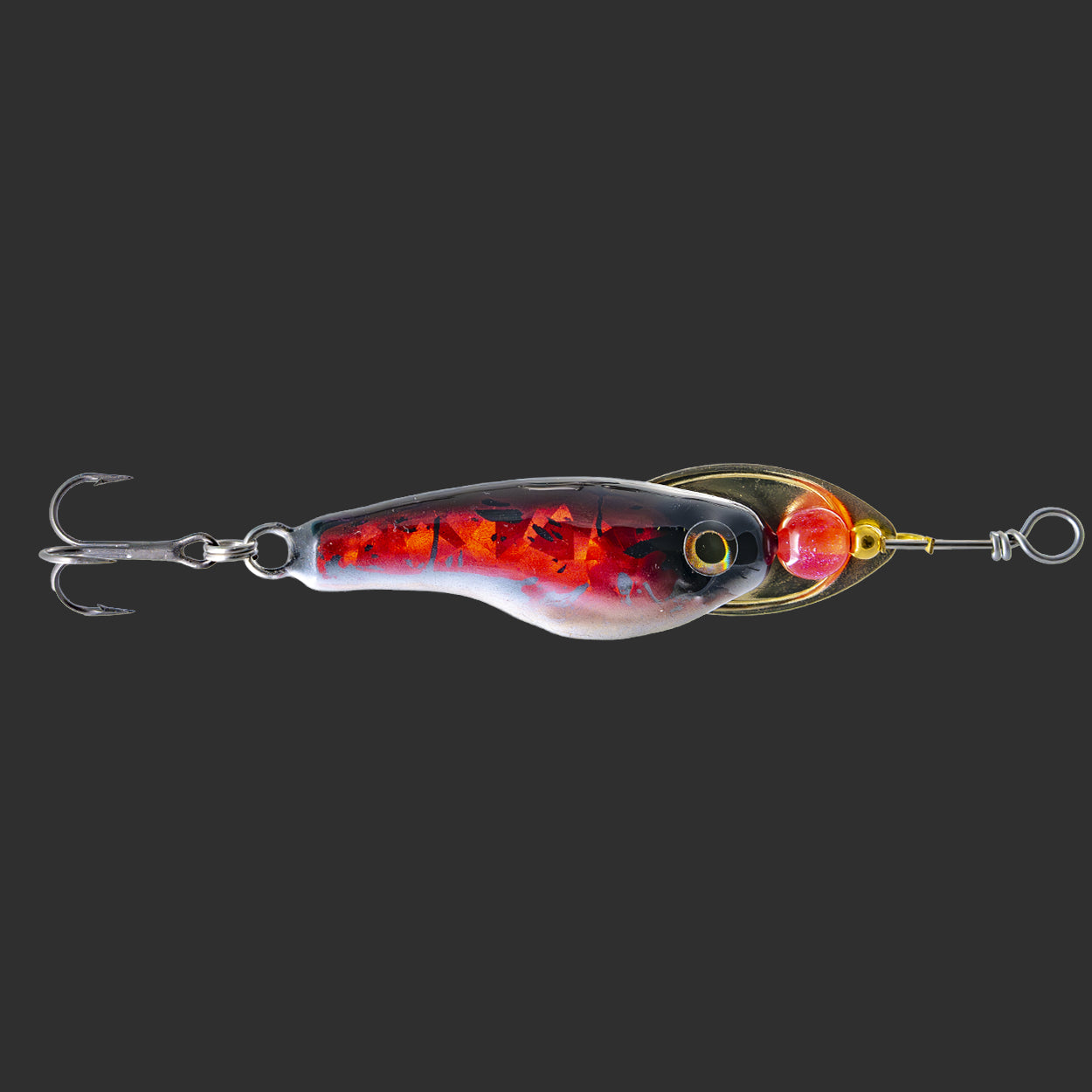 Handcrafted spinner lure in Red Foil color by Muotka Lures